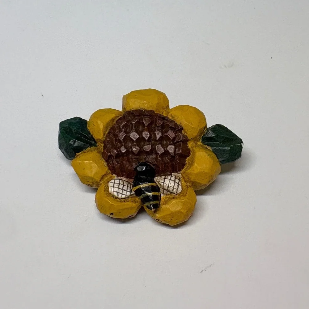 Signed Eddie Hand Carved Wooden Sunflower Bumblebee Brooch Yellow Folk Art Pin